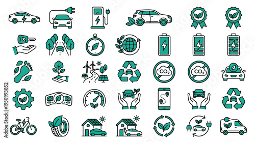 Eco-friendly transportation icons. Electric car, EV charging, sustainability, renewable energy, solar, wind, battery, recycling, zero emissions, green ecology. Modern line vector icons.
