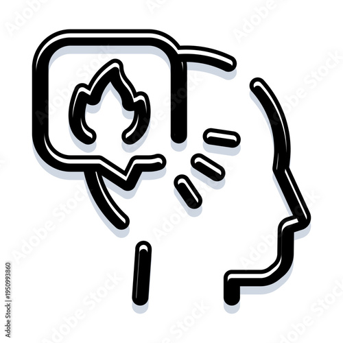 Person's head outline with a thought bubble containing a fire flame icon, illustrating concepts of stress, burnout, emotional distress, headache, and psychological pressure