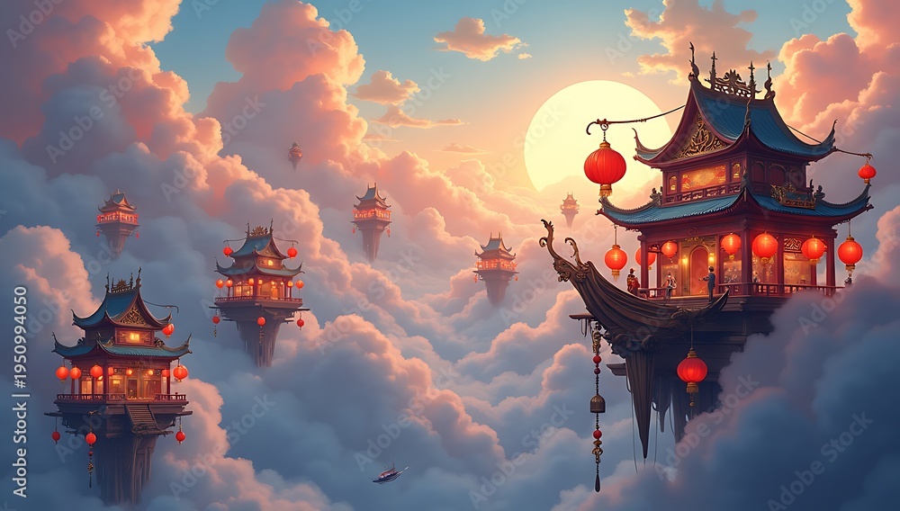 Fototapeta premium A vibrant floating marketplace among clouds with colorful stalls, flying boats, and hanging lanterns, magical fantasy world, warm lighting, rich details, cultural fusion, imaginative environment, whim
