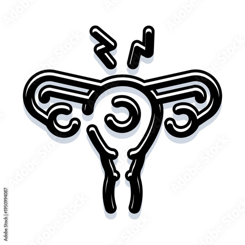 Female reproductive anatomy diagram with lightning bolt symbols indicating discomfort, illustrating concepts of menstrual pain, cramps, reproductive issues, and general wellness
