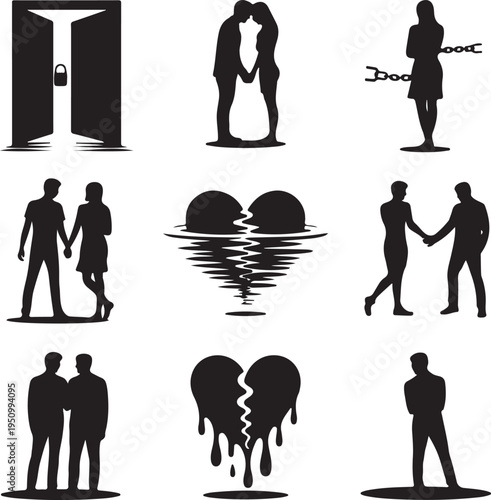 Silhouette icons of relationships and love concepts