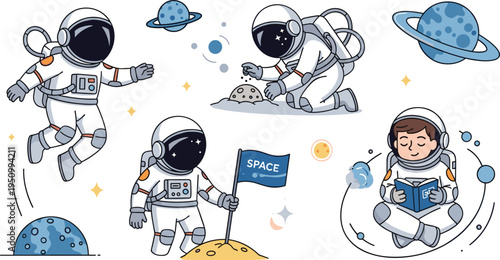 Astronaut Adventures Collection with Space Exploration, Flag Planting, Moonwalking, and Reading in Space for Cosmic and Astronaut Designs