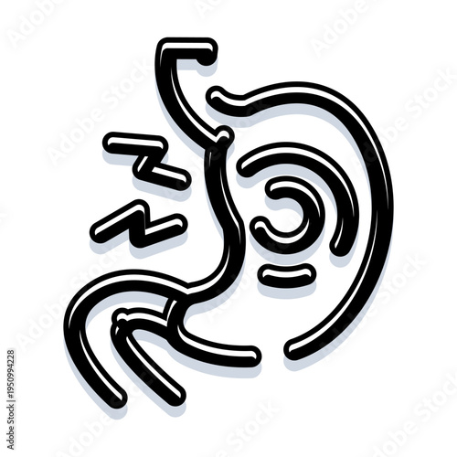 Stomach icon showing digestive upset and abdominal pain, symbolizing indigestion, nausea, heartburn, acid reflux and discomfort in the gut, simple black outline vector