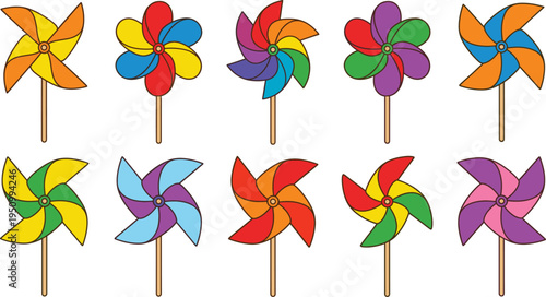 Colorful toy pinwheel collection set, children wind spinner garden decoration concept, vector illustration isolated background design
