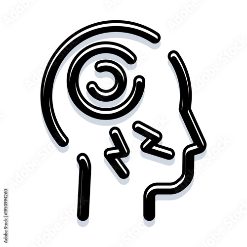 Person head icon showing spirals representing mental confusion and dizziness, with lightning bolts symbolizing pain, stress, and frustration within the mind
