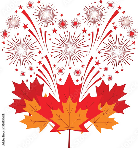 Fireworks forming heart above maple leaves vector icon, clean flat shapes, patriotic love symbol, spring celebration illustration, national pride design