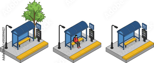 Isometric bus stop shelter illustration, urban public transport station design, city transit waiting area concept vector
