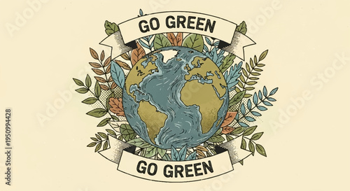 Earth surrounded by leaves with 'go green' banners symbolizing eco friendly living and environmental conservation