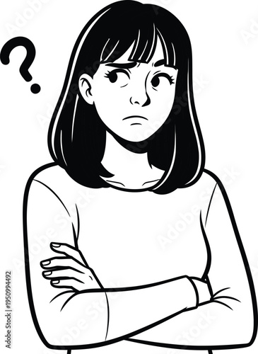 A confused young woman with a questioning expression and crossed arms