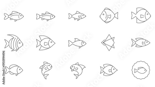 Minimal fish line icon set, modern geometric fish shapes with simple linear design
