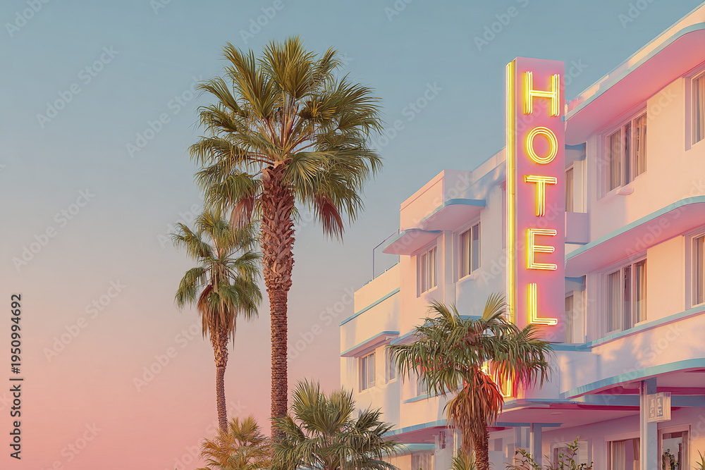 Naklejka premium Palm trees against pastel hotel building with neon lighting at sunset creating warm and inviting atmosphere in tropical urban setting