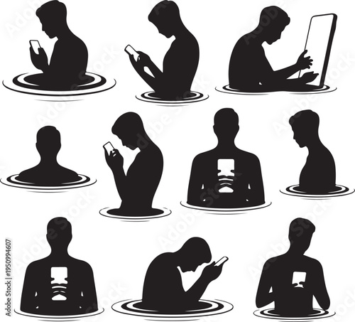 Silhouettes of people sitting in water using mobile phones and laptops