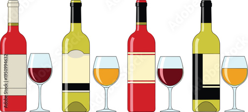 Wine bottle and glass collection set, red and white wine drink illustration, beverage alcohol vector
