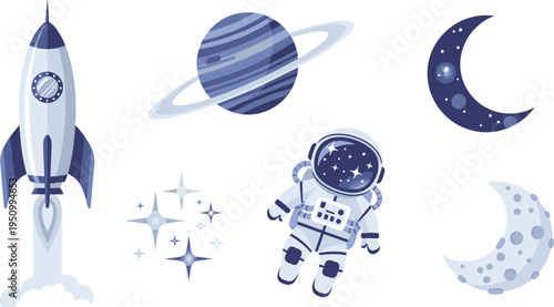 Space Exploration Collection with Rocket, Astronaut, Planets, Stars, and Moon for Cosmic and Astronomy Designs