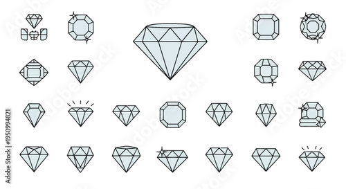 Set of vector diamond and gemstone icons featuring various facets and cuts like brilliant, emerald, and princess, styled with thin black outlines and light blue highlights on white.