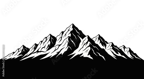 Black and white vector illustration of a jagged mountain range with sharp peaks and high contrast shadows, isolated on white background with a solid black base for graphic design.