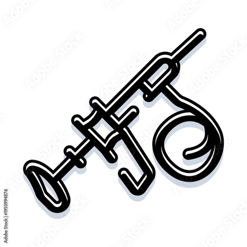 Stylized black and white line illustration of a medical hook and plunger instrument, minimal icon style design for surgical, laboratory, healthcare and diagnostic concepts and tools