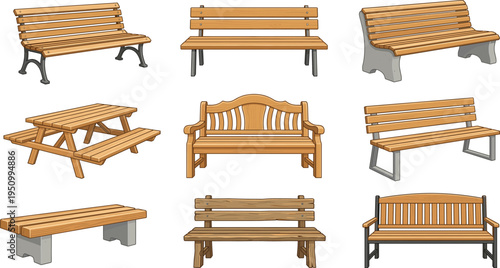 Wooden park bench collection set, outdoor garden seating furniture design, city landscape street bench illustration vector
