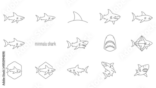 Collection of minimalist shark line art icons on white background
