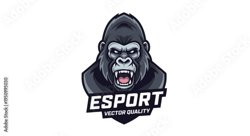 Vector illustration of an angry gorilla head mascot logo for esport gaming team, featuring a primate with bared teeth and white eyes, isolated on a white background.