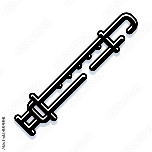 Bassoon, a classical woodwind instrument, illustrating music, orchestras, and sound, presented as a black and white line art symbol with a subtle shadow effect