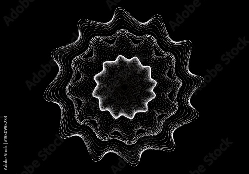 Concentric layers of undulating white dots form a complex geometric pattern on a black background