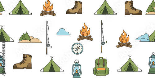 Camping Gear Pattern with Tent, Campfire, Hiking Boots, Compass, Backpack, and Outdoor Adventure Elements