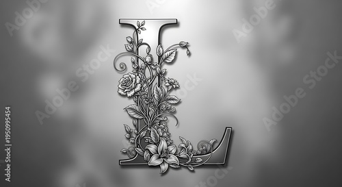 Ornate capital letter L adorned with detailed floral elements against a blurred monochrome backdrop