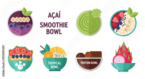 Vector illustration set of healthy smoothie bowls including acai, dragon fruit, tropical pineapple, protein chocolate, and matcha green tea bowls with fresh fruit toppings and granola.