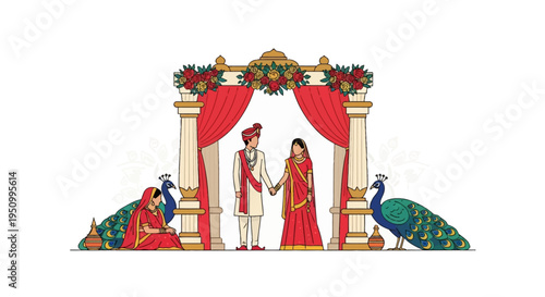 Indian wedding flat vector illustration featuring a bride in red lehenga and groom in white sherwani holding hands under a decorated floral mandap with curtains and peacocks.