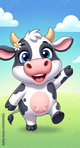 Cheerful cartoon calf with blue eyes wearing a small flower on its head stands outdoors