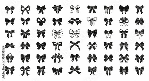 Comprehensive collection of sixty black bow silhouettes and ribbon tie icons isolated on white. Featuring diverse styles of decorative knots for gift packaging, hair accessories, and fashion.