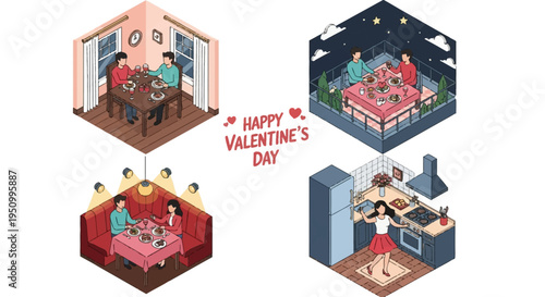 Isometric vector set of romantic scenes featuring same-sex and heterosexual couples dining at a restaurant table, on a balcony, in a room, and a woman dancing in a kitchen interior.