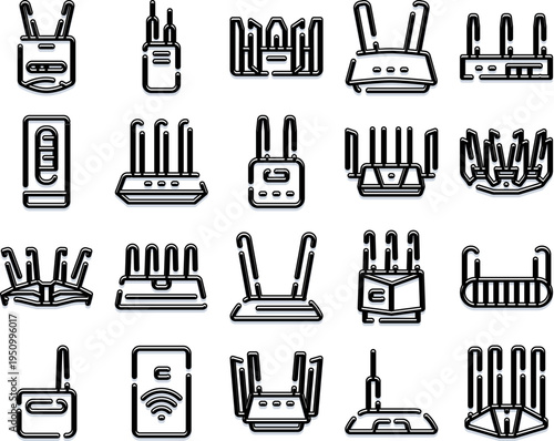 Various outline icons illustrating different designs of wireless routers, modems, and networking devices, symbolizing internet connectivity, data transmission, and network infrastructure