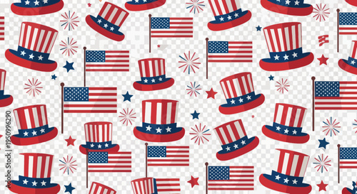 USA Holiday Pattern: Uncle Sam Hats, American Flags, Fireworks - Patriotic Seamless Background