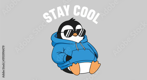 A cute cartoon penguin wearing sunglasses and a blue hoodie with "STAY COOL" text on a light grey background, depicting a cool and relaxed vibe.