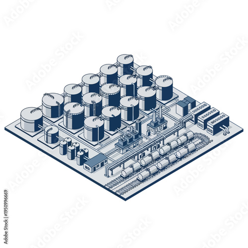 Isometric illustration of a large industrial complex featuring numerous storage tanks, processing units, and a railway line with tank cars.