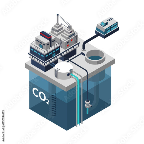 Industrial facility for carbon capture and storage, illustrating the process of capturing CO2 and injecting it underground for sequestration.