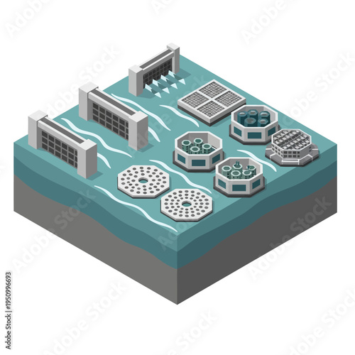 Isometric illustration of a hydroelectric power plant with turbines, spillways, and water intake structures, showcasing renewable energy generation.