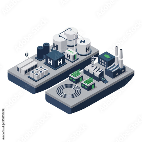 Isometric illustration of a futuristic industrial complex featuring modular units for energy production and storage, including hydrogen tanks and advanced manufacturing facilities.