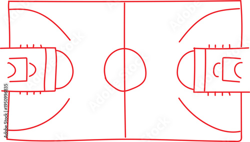 Simple red line drawing illustrating a basic overhead view of a standard professional basketball court layout including the centre circle and key areas for game strategy planning.