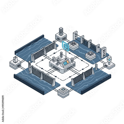 Isometric illustration of a futuristic hydroelectric power plant control center with water channels and advanced technology.