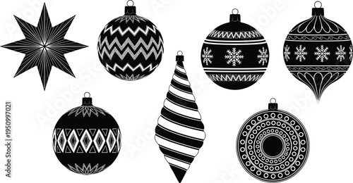 Collection of decorative Christmas ornaments and star silhouette set with patterned baubles for festive holiday decoration and winter celebration design.