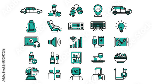 Luxury limo service icons. Chauffeur, transport, travel, vehicle, suv, amenities, wifi, charging, champagne, luggage, seat, navigation, driver, shuttle, vip, transfer, taxi