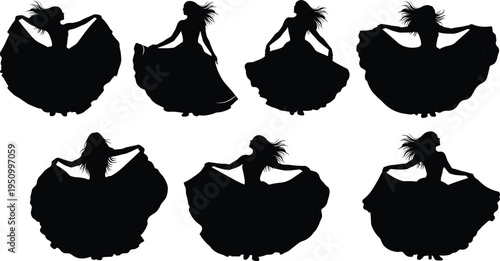 Flamenco Dancer Woman Silhouette Set Vector Illustration Traditional Spanish Dance Performer with Flowing Dress Cultural Performance Collection