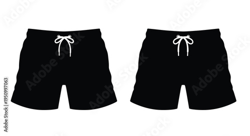 Two pairs of black swim shorts displayed against a white background silhouette