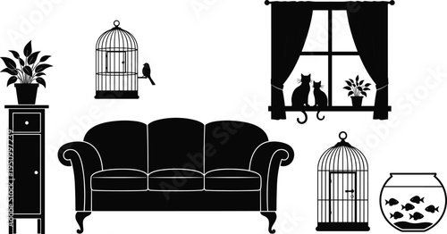 Living Room Interior Silhouette Collection with Sofa Window Curtains Cats Bird Cage Plant Cabinet and Fish Bowl Vector Home Decor Illustration