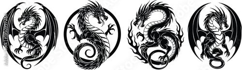 Black and white circular illustrations of four fantasy dragons with wings, serpentine bodies, flame accents, intricate details, mythological artwork, tattoo, logo, and design reference