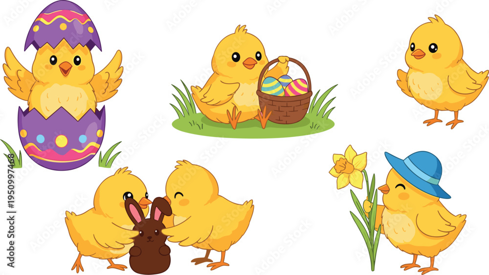Fototapeta premium Easter Chicks with Colorful Eggs, Bunny, Daffodils, and Spring Decorations for Holiday Celebrations and Seasonal Illustrations