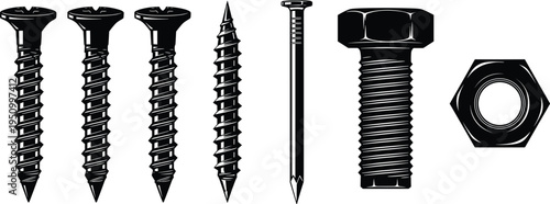 Black and white illustration of assorted fasteners including screws, nail, bolt, and nut, construction hardware concept for woodworking, mechanical assembly, industrial design artwork
